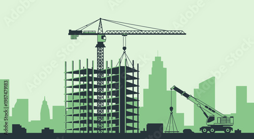 A Construction Site With Cranes Assembling A Skyscraper In The Modern Cityscape