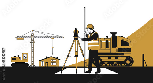 A Construction Site With A Surveyor, Excavator, Crane, And Newly Built Home