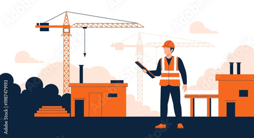 A Construction Site Worker Inspects The Project Near Crane Structures