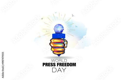 Illustration of a news media reporter holding a microphone for World Press Freedom Day awareness promotion.
