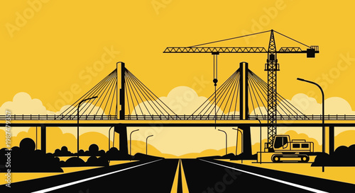 A Modern Vector Bridge Illustration with Road, Construction, and a Yellow Tinge