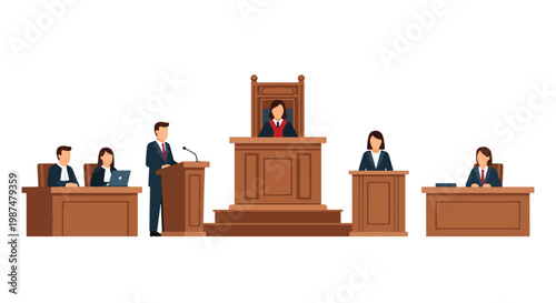 Foto Flat style vector illustration of courtroom trial scene with judge, lawyers, and