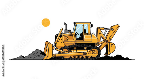 A Yellow Bulldozer Excavating Earth Under A Sun With A Minimalist Vector Style