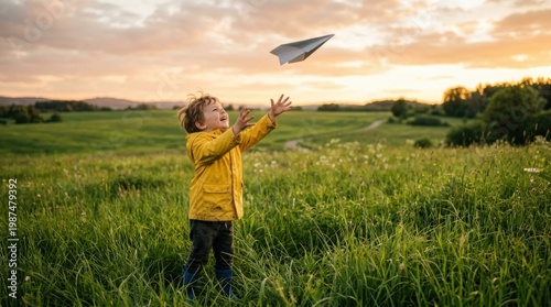 Young Boy Reaching for Flying Paper Plane in Green Summer Field
