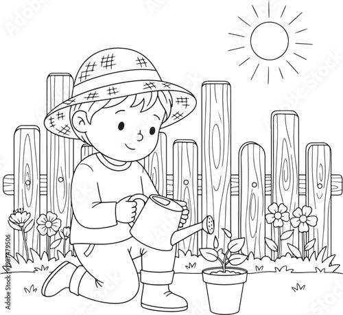 Line art drawing of a child watering a plant with potted plant watering can coloring page plant care vegetable garden flower garden black and white graphic resource watering illustration