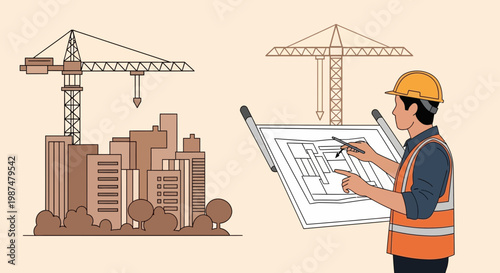Architect Reviewing Blueprints Beside Construction Site Infrastructure Under Development