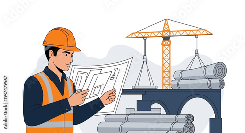 Architect Reviewing Blueprints at Construction Site with Crane and Materials