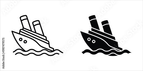 Ocean liner sinking with smoke from funnels Vector Illustration Isolated on white background