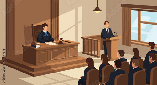 Schilderij op canvas Flat style vector illustration of courtroom trial scene with judge, lawyers, and