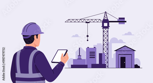 Architect Inspecting Construction Site Project with a Modern Tablet Device Interface