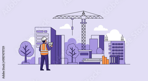 Architect Inspecting Construction Site Project with Crane,Buildings, and Modern Design Aesthetics