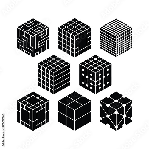 Abstract geometric cube designs representing data networks and complex systems with intricate patter
