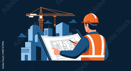 Architect Reviewing Architectural Blueprint With Construction Crane and Buildings Illustration