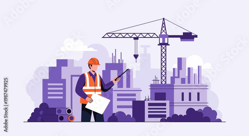 Architect Reviewing Construction Site Plan, Supervising Progress in Urban Development Project