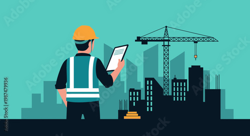 Architect Reviewing Construction Site Progress and Overseeing Building Projects