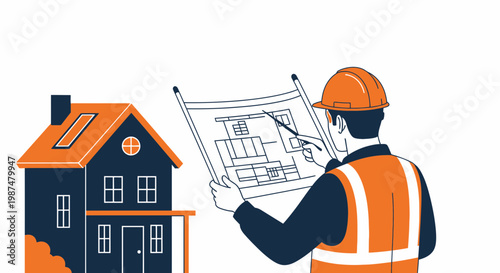 Architect Reviewing Architectural Blueprints of a House, Construction Illustration Concept