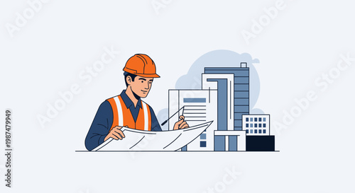 Architect Reviewing Architectural Blueprints of Building Plans for Development Projects