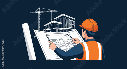 Architect Reviewing Architectural Blueprints of a Modern Building Construction Project