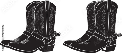 Black silhouette of two pairs of cowboy boots with spurs western wear black and white pair of boots wild west footwear silhouette clothing accessory traditional illustration decoration