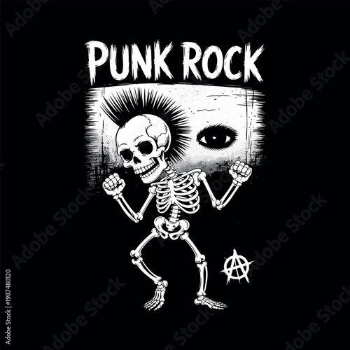 Punk rock skeleton with mohawk dancing, anarchy symbol illustration.