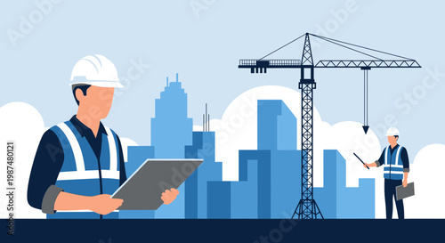 Architects Supervising Construction Project Development in Modern Urban Cityscape