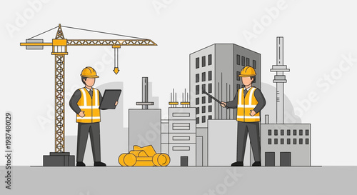 Architects Supervising Construction Project Development With Crane Buildings and Blueprint