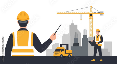 Architects Supervising Construction Project, Urban Development, Building Site Abstract Illustration