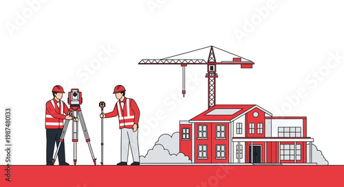 Architects Survey a New House Construction Project On White Background With Crane