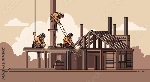 Architectural Illustration Depicting Skilled Construction Workers Building A New Home