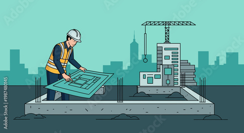 Architect Reviewing Blueprint at Construction Site with Building Elements and Crane