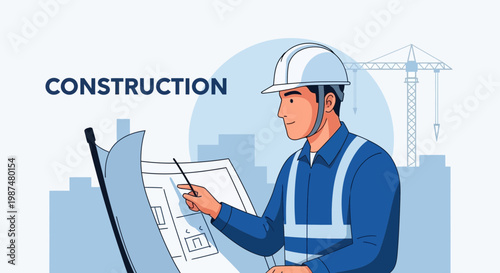 Architect Reviewing Blueprint for Construction Project with Safety Gear Detail