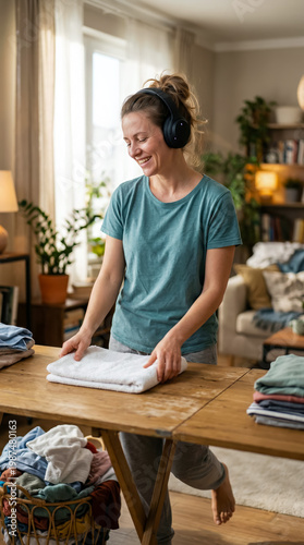 vertical poster about modern technologies for comfort and convenience. A young woman listens to music on wireless headphones while dancing and folding clean clothes after washing