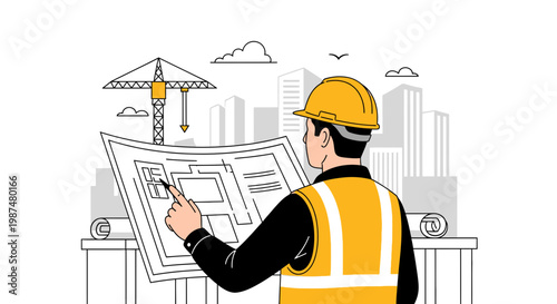 Architect Reviewing Blueprint for Construction Project with Urban Background In Illustration