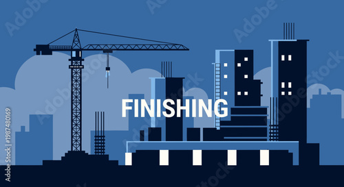 Architectural Illustration Depicting Urban Construction Phase Finishing Operations, Building Site