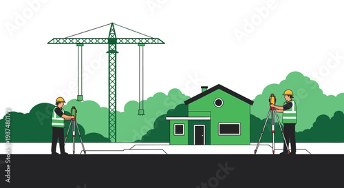 Architects Surveying a Residential Property in Construction with Construction Cranes Overhead