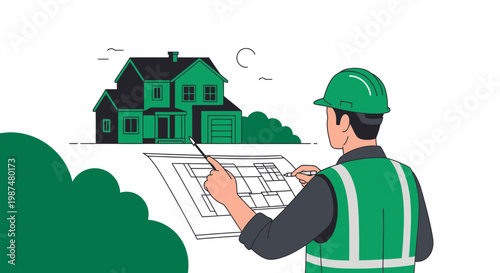 Architect Reviewing Blueprint for New Construction Project with Green Home in Background