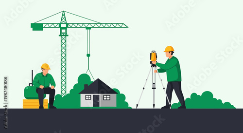 Architects Surveying Site With Professional Equipment And Crane Building A New House