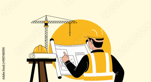 Architect Reviewing Blueprint Near Construction Crane And Safety Equipment