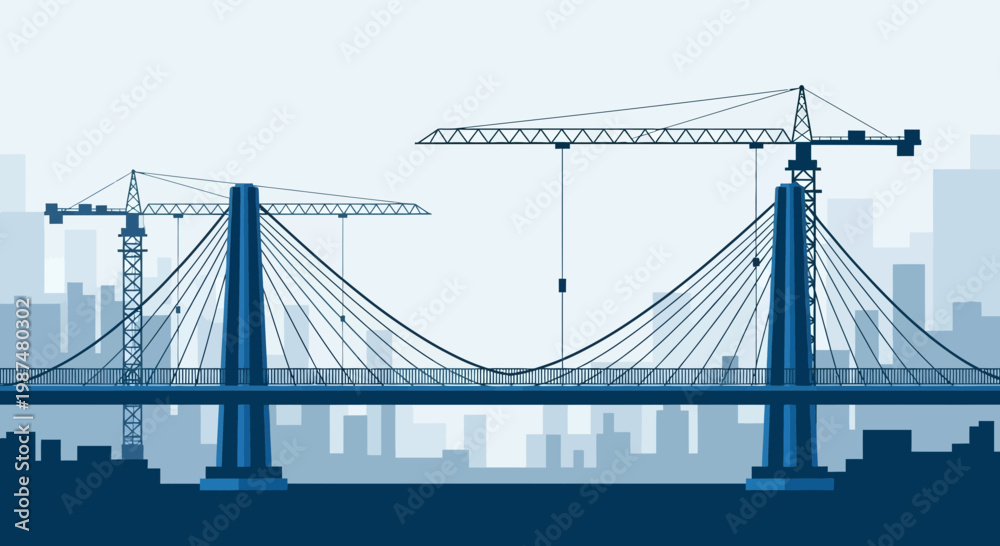 Obraz premium Bridge Construction In Progress With Tower Cranes Against Urban Silhouette Background