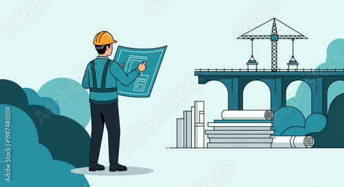 Architect Reviewing Blueprint of a Bridge Construction with Construction Machinery Nearby