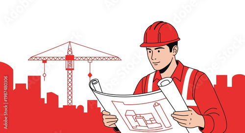 Architect Reviewing Blueprint, Construction Site With Silhouette Buildings in Progress