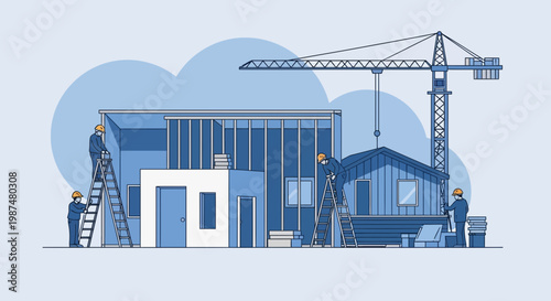Architectural Blueprint Depicting Construction Workers Erecting Residential Structures and Crane