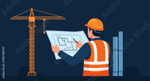 Architect Reviewing Blueprint, Construction Crane And Building Design, Vector Illustration