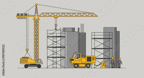 Architectural Construction Scene Depicting Crane, Building, and Workmen Vector Illustration