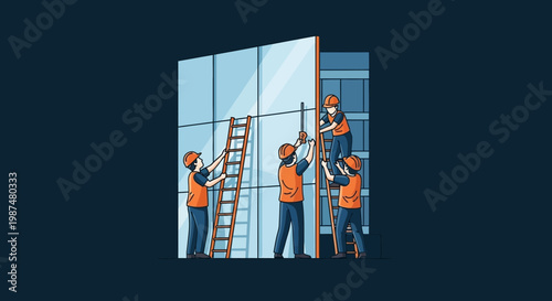 Architectural Construction In Progress With Workers Constructing A Facade Of A Building Illustration