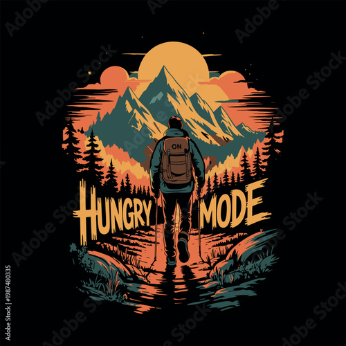 Hiker with backpack walks on mountain trail at sunset.