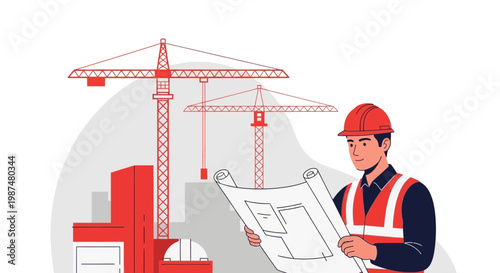 Architect Reviewing Blueprints at a Construction Site with Cranes in the Distance