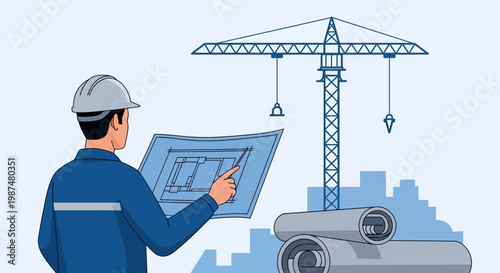 Architect Reviewing Blueprints at a Construction Site with a Crane and Building Silhouettes