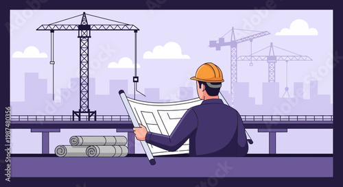 Architect Reviewing Blueprints at Construction Site with Cityscape and Cranes in Background