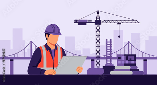 Architect Reviewing Blueprints at Construction Site with Bridge and Crane View
